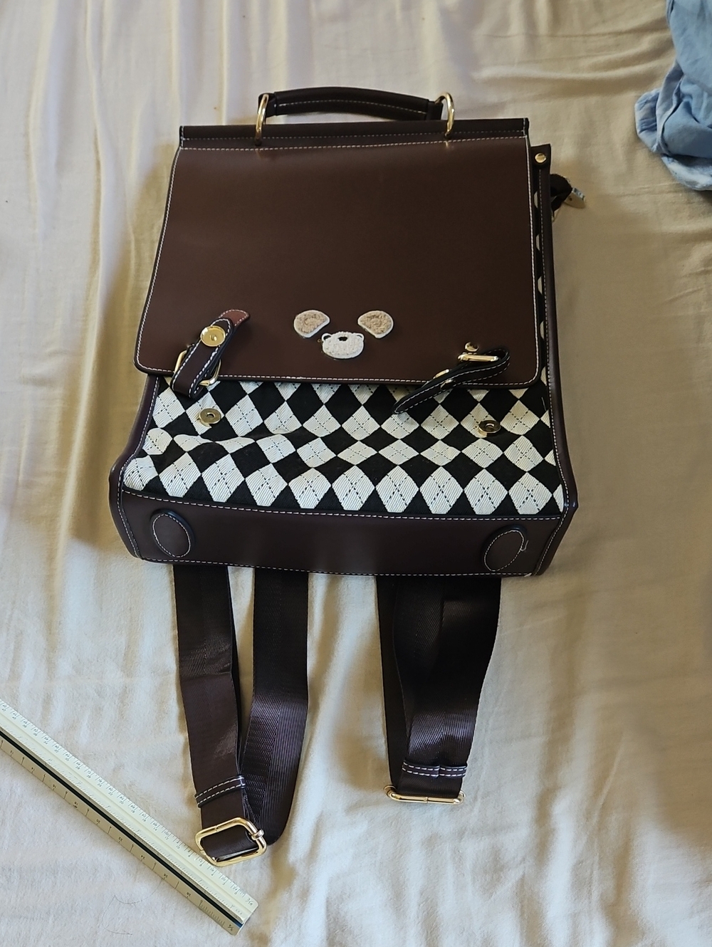 Brown Women's Backpack with Black & White Pattern